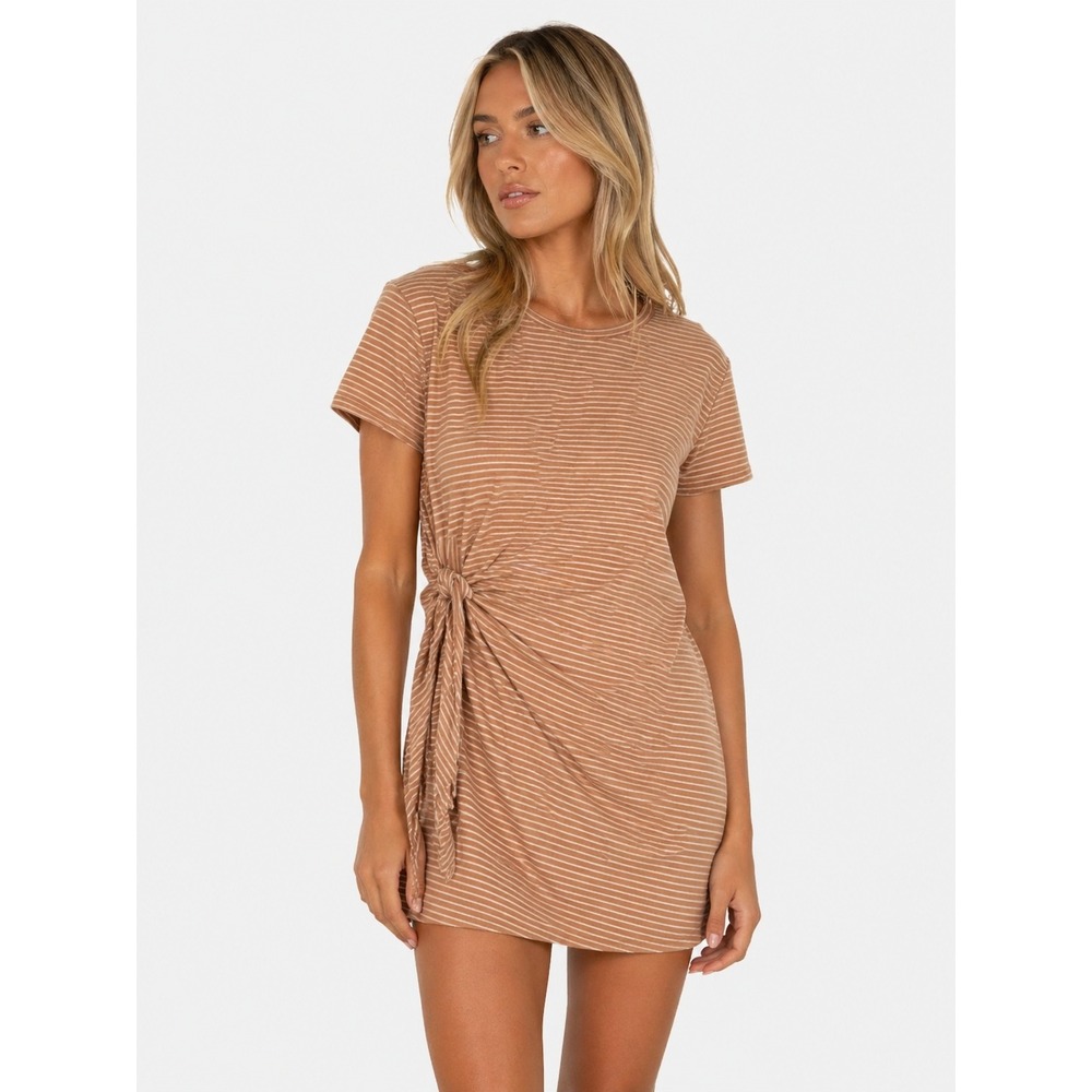 Vince Tan Striped Side Tie Knot Sheath T-shirt Mini Minimalist Dress L